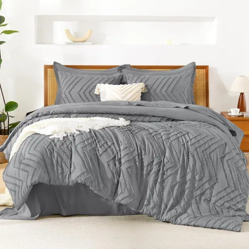 Miniatura 24 de Litanika Juego de ropa de cama con edredón tamaño King con sábanas beige - Juego de 7 piezas en una bolsa, diseño King Chevron copetudo bohemio