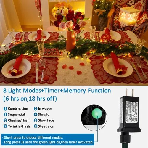 Miniatura 3 de YEGUO 200 luces LED de 66 pies para Navidad, exteriores, impermeables, cadena de luces blancas cálidas para interiores, 8 modos, cable verde, luz