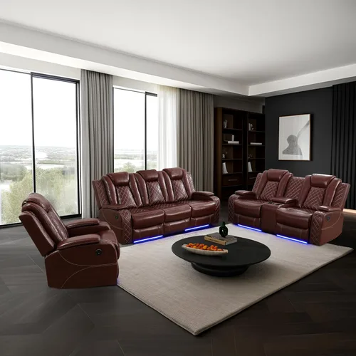 Miniatura 17 de Juego de sofá modular reclinable eléctrico con luz LED, juego de sofá modular reclinable de cuero, incluye sillón reclinable individual, juego