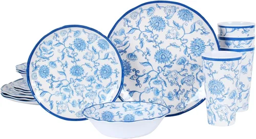 Miniatura 11 de Juego de vajilla de melamina para 4-16 piezas: juego de platos de campamento con platos llanos, platos de ensalada, tazas y cuencos. Ligero e
