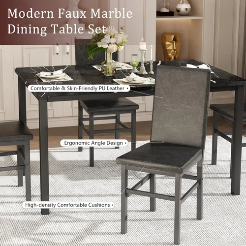 Miniatura 4 de Juego de mesa de comedor para 4, juego de comedor de mármol sintético de 5 piezas, 4 sillas tapizadas de poliuretano, muebles de mesa de cocina