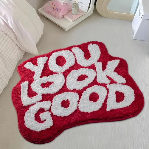 Miniatura 17 de Alfombra de baño negra con texto en inglés "You Look Good", alfombra de baño divertida, bonita, antideslizante, de microfibra, de felpa, pequeña