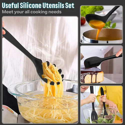 Miniatura 6 de E-far - Juego de utensilios de cocina de silicona, 7 piezas en color negro, utensilios de cocina resistentes al calor, utensilios de cocina