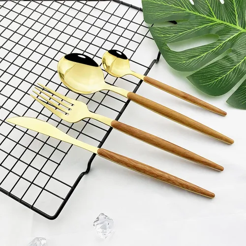 Miniatura 5 de JASHII Juego de cubiertos de 30 piezas para 6, cubiertos de acero inoxidable con mango de madera imitada, juegos de vajilla que incluyen tenedores