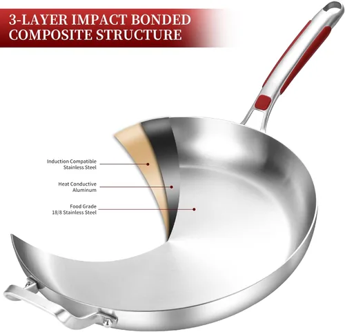 Miniatura 2 de Inqibee Sartén grande de acero inoxidable de tres capas de 14 pulgadas con tapa, sartén grande con mango auxiliar, cocina jumbo, bandeja