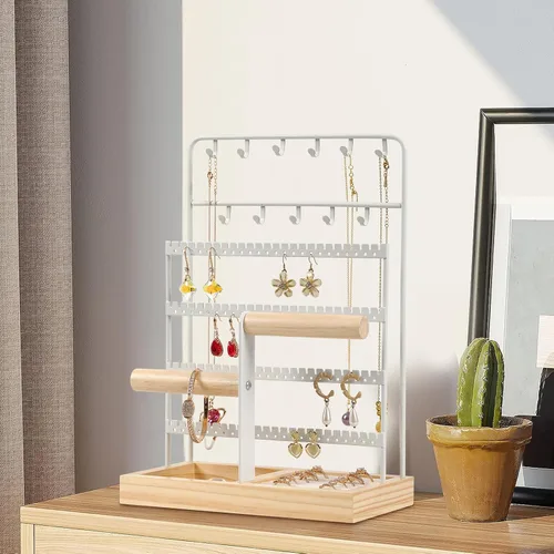 Miniatura 3 de JAZUIHA Organizador de joyas con organizador de aretes, collar y pulsera, colgador de 3 niveles para exhibición de joyas y almacenamiento de aretes