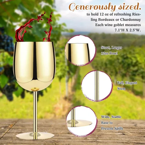 Miniatura 2 de Irenare Juego de 4 copas de vino de acero inoxidable doradas de 12 onzas, copas de vino de metal irrompibles y portátiles para boda, aniversario