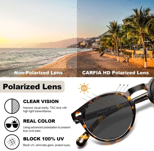 Miniatura 14 de CARFIA Gafas de sol polarizadas de acetato redondo para mujer, protección UV de cara pequeña con funda de cuero CA5288