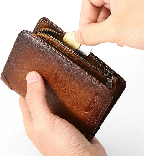 Miniatura 5 de Billetera para hombre con cremallera de cuero genuino RFID tarjeteros de piel de vaca con cremallera bolsillo para monedas, carteras plegables
