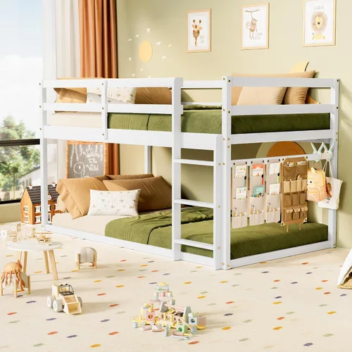 Miniatura 10 de TOLEAD Litera baja individual sobre individual, litera de suelo con escalera, litera individual con barandillas completas, litera de madera para Gris