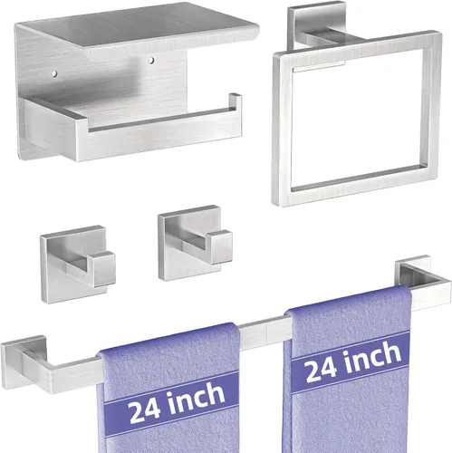 Miniatura 10 de Juego de accesorios de baño de 5 piezas, color negro mate, toalleros de acero inoxidable de 24 pulgadas para baño, juego de toallero, anillo