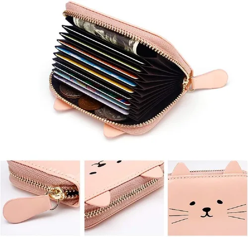Miniatura 4 de JIUFENG Cartera para mujer con bloqueo RFID, bonito diseño de gato, con cremallera, multiusos, tarjetero pequeño