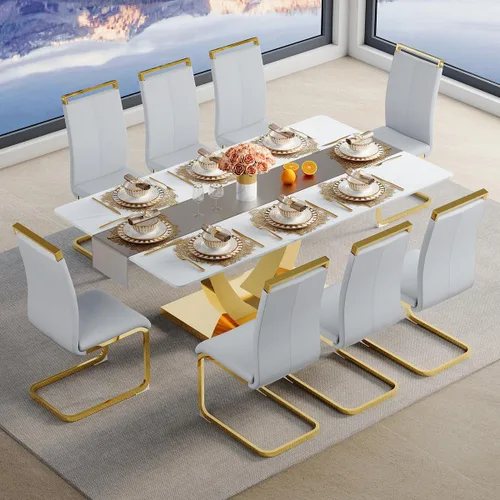 Miniatura 37 de Juego de mesa de comedor para 4, mesa de comedor de mármol sintético de 63 pulgadas con patas y base de acero inoxidable, sillas acolchadas