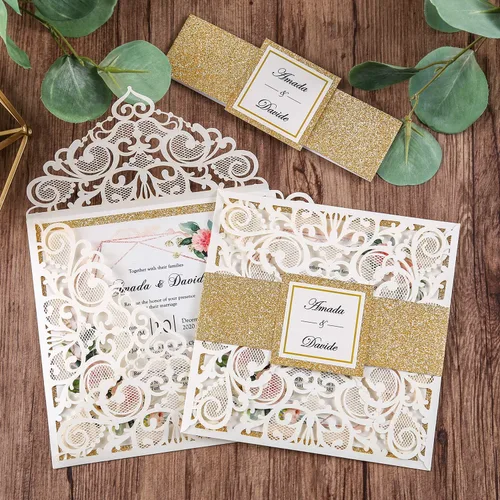 Miniatura 6 de Tarjetas de invitaciones de boda cuadradas de 6.3 x 6.3 pulgadas, corte calado mediante láser, diseño floral, con banda dorada y sobres blancos