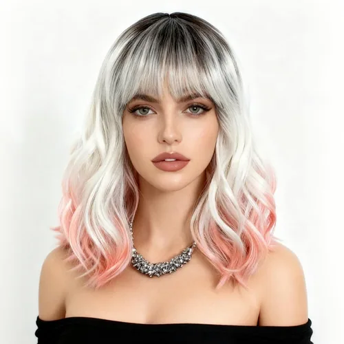 Miniatura 13 de NOBLE Peluca Rosa Naranja para Mujeres Peluca Durazno con Flequillo Pelucas Bob Rizadas Ombré con Flequillo de Aire Pelucas Sintéticas Cortas