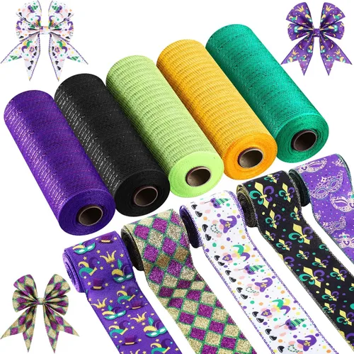 Miniatura 7 de Woanger 10 Rollos de Cinta con Borde de Alambre a Rayas de Sandía y Cinta de Malla para Envoltorio de Regalos DIY de Verano, Manualidades, Corona