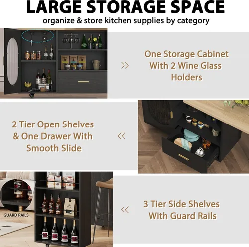 Miniatura 5 de HSH Isla de cocina rodante de 72 pulgadas con asiento, mesa giratoria de 360°, isla de cocina con gabinete de almacenamiento, cajón y estantes