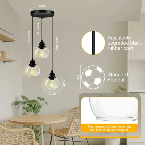 Miniatura 4 de Lámpara colgante de 3 luces, lámpara de techo colgante con pantalla de vidrio transparente, color negro mate, iluminación colgante de altura