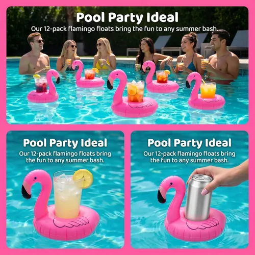 Miniatura 4 de Soporte inflable flotante para bebidas de flamenco, paquete de 12 posavasos flotantes para piscina, portavasos para latas de bebidas, tazas