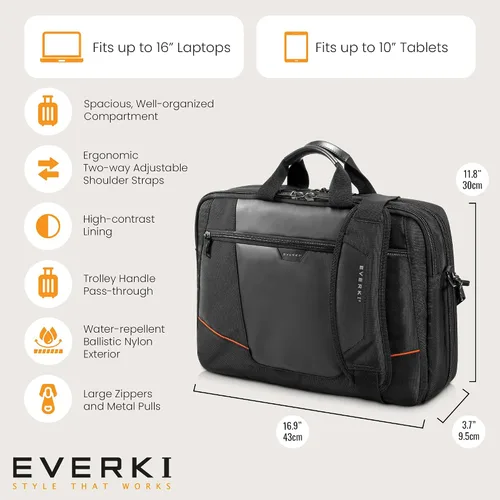 Miniatura 5 de Everki Flight Business - Maletín para laptop de 15.6 o 16 pulgadas, ideal para viajes, hombres o mujeres, organizado, negro (EKB419)