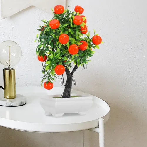 Miniatura 9 de HOMSFOU Árbol de kumquat simulado de imitación naranja bonsái con base de madera, pequeña planta de fruta artificial en maceta para el hogar