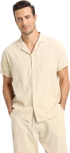 Miniatura 19 de RPOVIG Conjunto de camisa de lino y pantalones: conjuntos de lino de 2 piezas para hombre, camisas de manga corta, pantalones de yoga, trajes