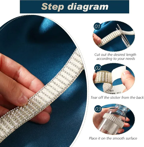Miniatura 4 de Outus 3 rollos de calcomanías de perlas, cinta autoadhesiva con diamantes de imitación, tiras de cinta de cristal, para manualidades, boda