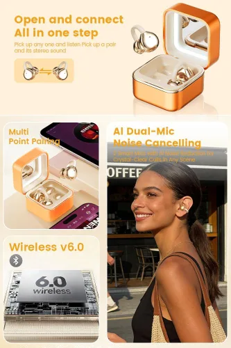 Miniatura 6 de Auriculares con clip de oreja abierta, auriculares inalámbricos Bluetooth 6.0 con espejo de maquillaje, luz LED, tiempo de reproducción de 50 horas