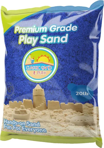 Arena clásica de juego de color azul Sand and Play, bolsa de 20 libras, natural y no tóxica, divertida húmeda y seca en interiores y exteriores,