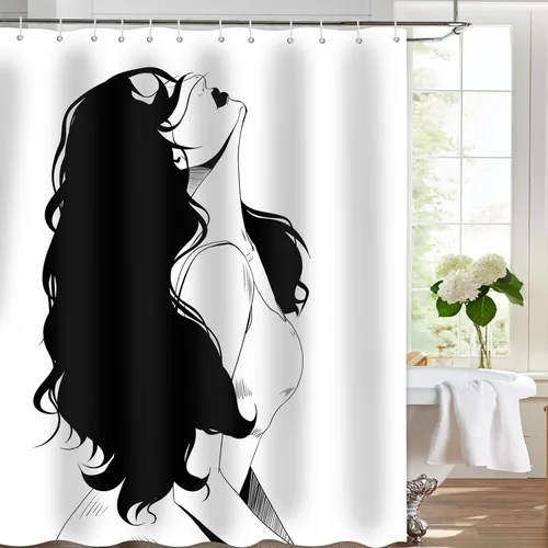 Miniatura 2 de Cortina de ducha para adultos, cortina de ducha para mujer, juego de cortina de ducha de tela impermeable, decoración de baño con 12 ganchos, 72 x