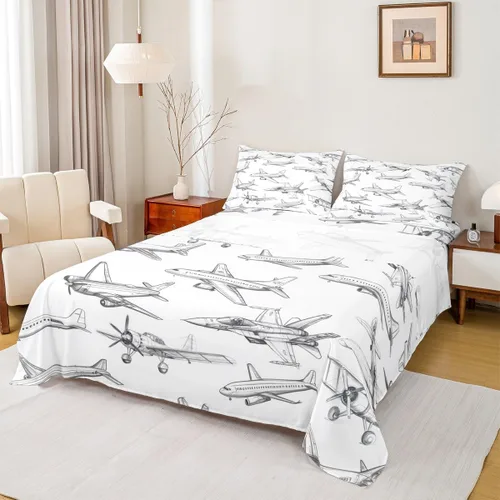 Juego de sábanas Homewish tamaño individual con diseño de avión para niños y niñas, 3 piezas para dormitorio, decoración temática de vuelo, color