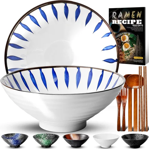 Miniatura 11 de Juego de 2 cuencos de cerámica para ramen de 8 pulgadas (9 piezas) – Tazones grandes de porcelana japonesa para ensalada, fideos, cereales, frutas