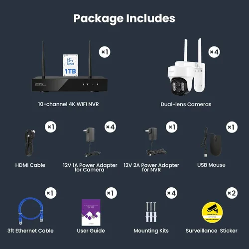 Miniatura 9 de XMARTO Sistema de cámara de seguridad WiFi6 de 10X Zoom inalámbrico para interiores y exteriores, NVR de 10 canales 4K con 4 cámaras HD Dual Lens