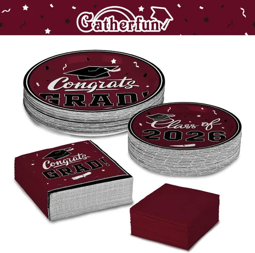 Miniatura 3 de Platos y servilletas de fiesta de graduación Gatherfun 2022 suministros para fiesta de graduación, platos de papel desechables granate, servilletas