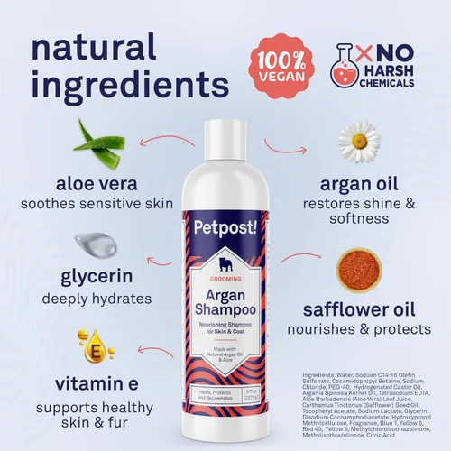 Miniatura 3 de Petpost Champú de argán para perros. Champú para perros con aceite de argán y aloe. Hidrata la piel seca, suaviza el pelaje, restaura el brillo. 8