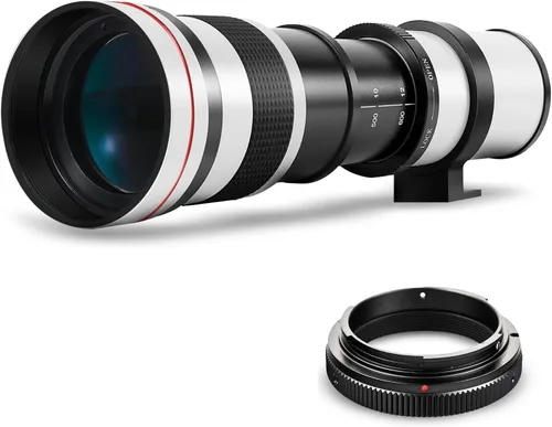 Lente de zoom manual de alta potencia 16.535-31.496 in f/8.3 HD para Canon EOS 80D, 90D, Rebel T3, T5, T7, 70D, 5D, 6D II, 7D II (blanco)