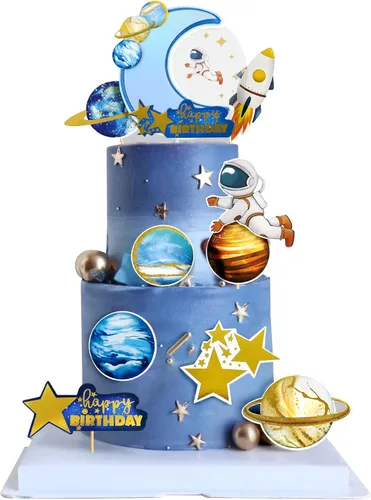 Miniatura 11 de Ercadio 1 pieza de decoración para tartas de niña espacial, luna, estrella, cohete, planeta, decoración de pasteles, espacio de feliz cumpleaños