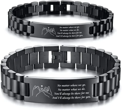MEALGUET Promesa del Dedo Meñique Pulseras Personalizadas de Acero Inoxidable con Cita de Amor para Parejas, Pulseras de Eslabones para Amante,