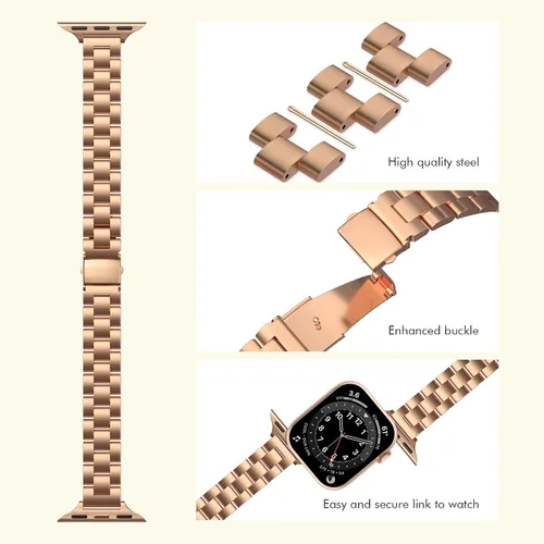 Miniatura 4 de Correas de metal delgadas y sólidas compatibles con Apple Watch Band Series 9 8 7 6 5 4 3 2 1 SE Ultra, 1.496 pulgadas, 1.575 pulgadas, 1.614 Oro