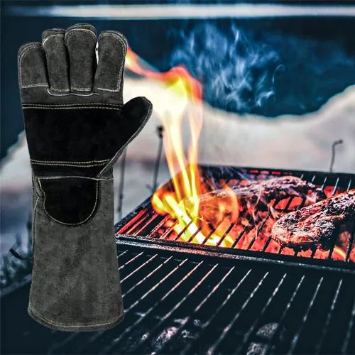 Miniatura 3 de Guantes de cuero para soldadura/barbacoa, 16 pulgadas, negro-gris, resistentes al calor/fuego, guantes