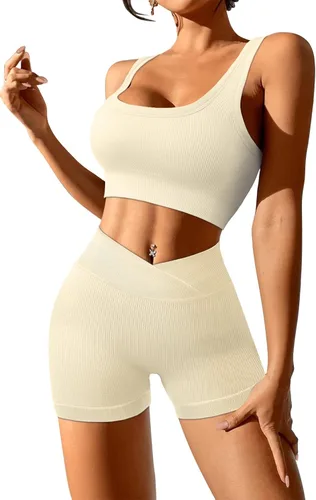 Miniatura 2 de JZC Conjuntos de entrenamiento para mujer, 2 piezas, acanalados, sin costuras, pantalones cortos de cintura alta, trajes de yoga