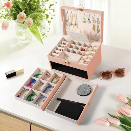 Miniatura 4 de coobest Joyero de 3 capas, organizador de joyas con cajón organizador de joyas, cajas de joyería grandes y organizador con organizador de aretes