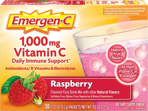 Emergen-C Polvo de apoyo inmunológico de 1000 mg de vitamina C frambuesa 30CT incluye zinc, manganeso, 7 vitaminas B y electrolitos para artículos