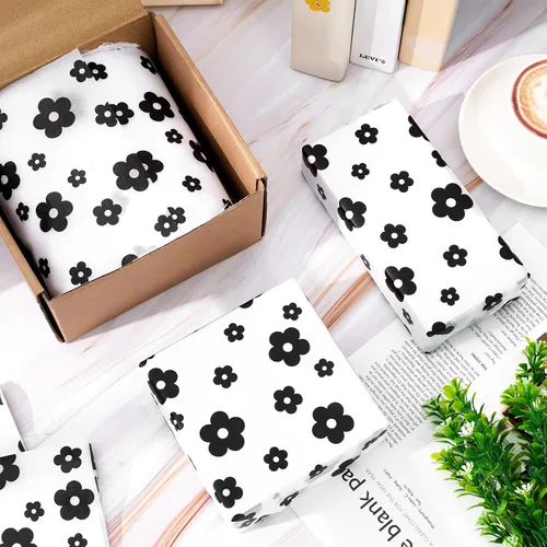 Miniatura 5 de Whaline 100 hojas de papel de seda bohemio con margaritas color negro y blanco, papel de regalo floral para manualidades, manualidades, flores
