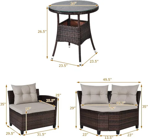 Miniatura 4 de Tangkula - Juego de muebles de patio de 4 piezas en forma de C de mimbre para exteriores, con cojines y mesa de centro con cubierta de cristal