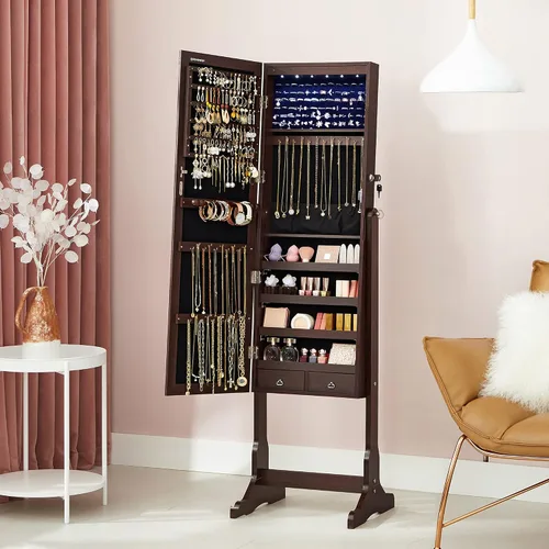 Miniatura 3 de SONGMICS - Armario de joyería con espejo y con 6luces LED, organizador de joyería de pie con espejo y con cerradura, 2cajones, color marrón UJJC94K