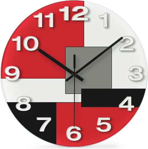 Miniatura 10 de WISKALON Reloj de pared abstracto de cristal geométrico de 12 pulgadas en blanco, gris, rojo y negro, funciona con pilas, reloj de cuarzo silencioso