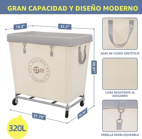 Miniatura 2 de STORAGE MANIAC Cesto de lavandería comercial con marco de acero resistente, carro de cesta de lavandería industrial de 320 L con ruedas para hotel