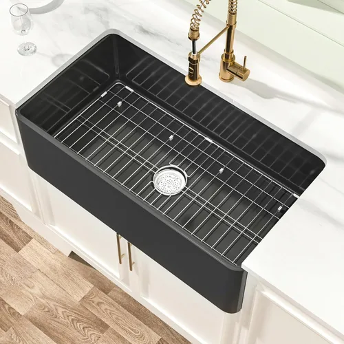 Miuara Fregadero de Granja Negro de 33 Pulgadas - Fregadero de Cocina Grande de Frente con Delantal Tazón Individual 33"x18"x10", Instalación Bajo
