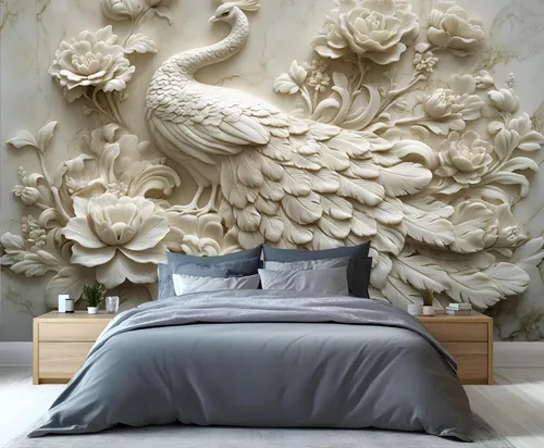 Miniatura 3 de Papel tapiz de pavo real, murales de pavo real de lujo, papel tapiz retro en relieve floral para niños y niñas, decoración de pared de dormitorio